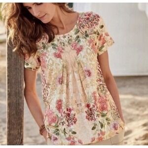 Soft Surroundings Cusabo Pleated Floral Print Top Short Sleeve Boho Artsy Sz M